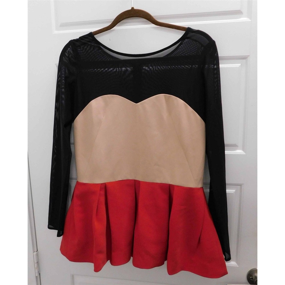 New Zayan Skye Black Nude Red Color Block Pearl Trim Top Blouse $525rt‎ sz L